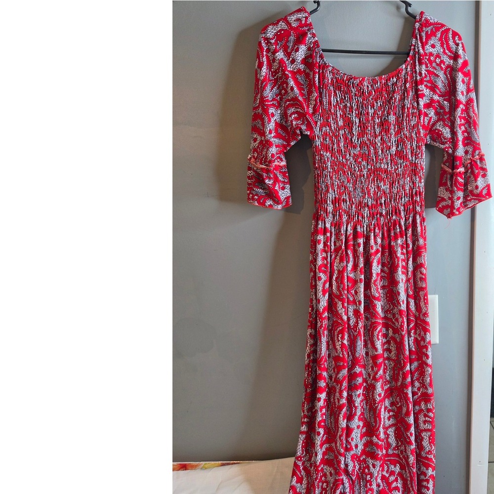 Seven Islands Red White Abstract Smocked Maxi Dress Bell Sleeve Boho Size M